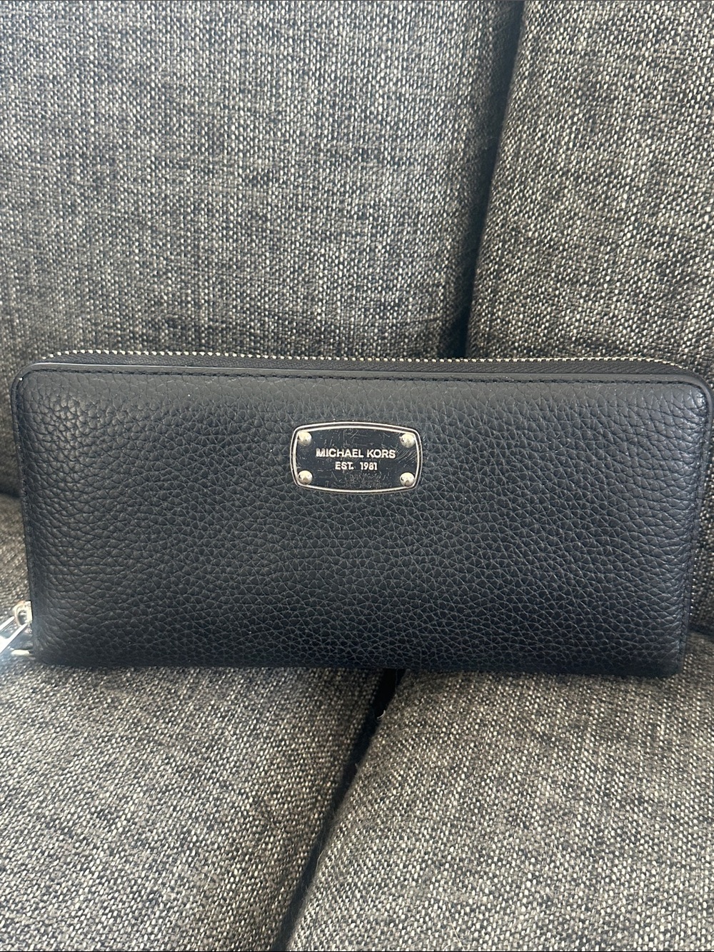Michael Kors Black Pebbled Leather Zip-Around Wallet with Logo Plaque